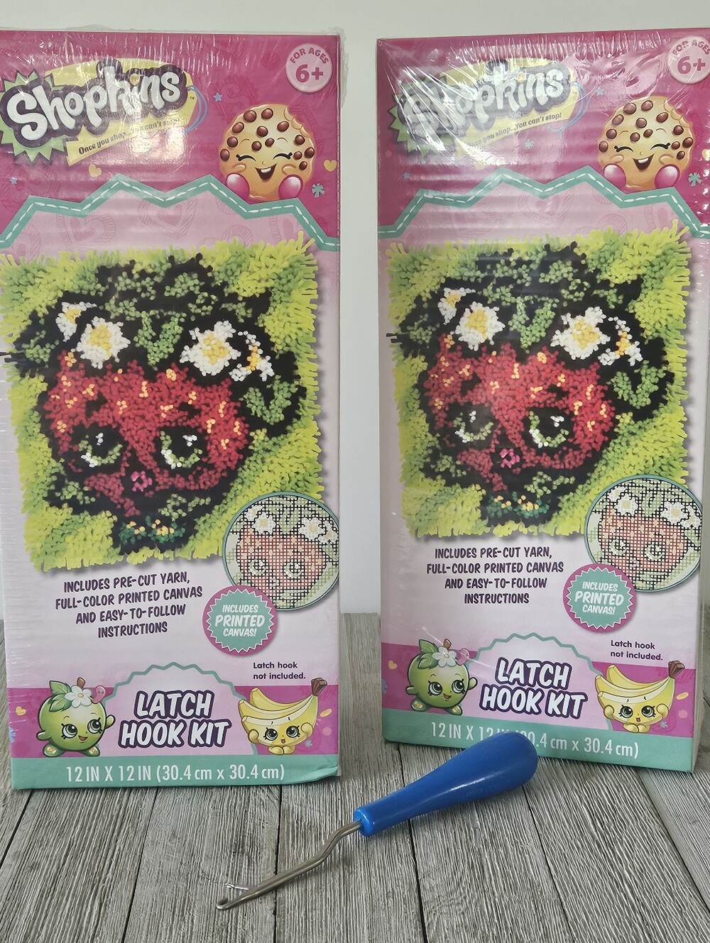 Pair of Shopkins Strawberry Motif Latch Hook Rug Kits with One Latch Hook Tool.